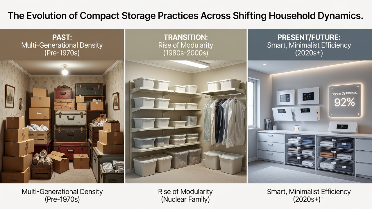 Historical progression of compact storage solutions in urban households from the mid-20th century to present day