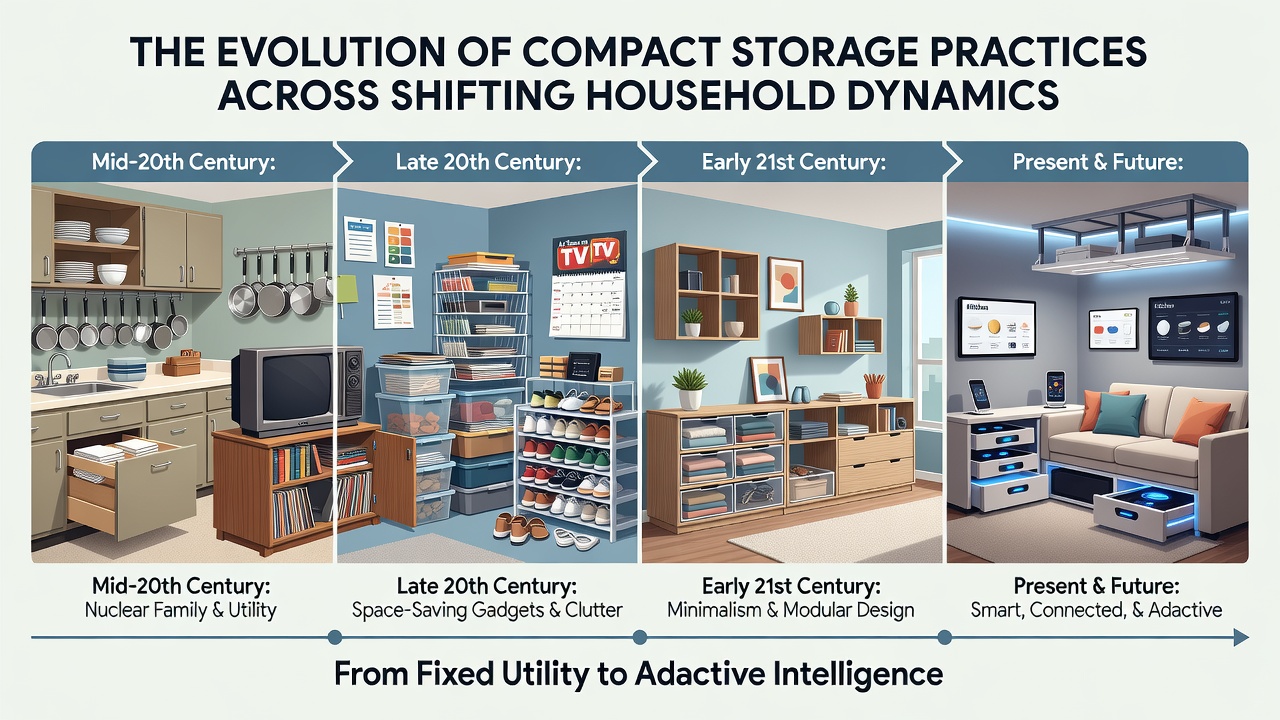 Modern compact storage systems featuring modular units and integrated technology in contemporary small living spaces